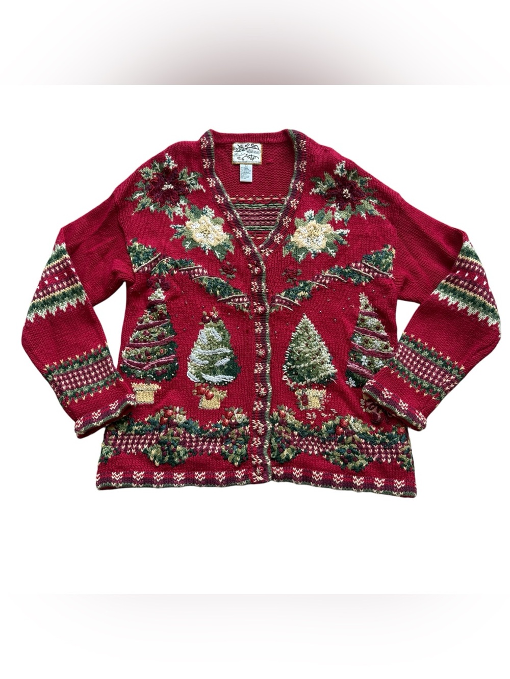 Vintage Y2K Heirloom Collectibles L Christmas Tree Cardigan Beaded Red Sweater